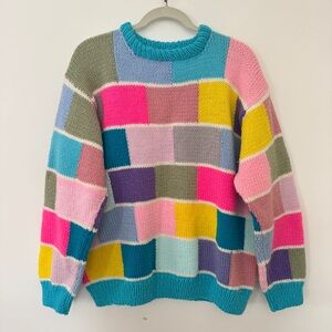 1980’s Handmade Sweater Multicolor Knit Crochet Oversized Artistic Streetwear XL